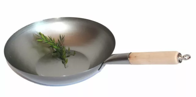 Sartén wok 36 cm Ø China gastronomía suelo plano acero al carbono mango de madera para au