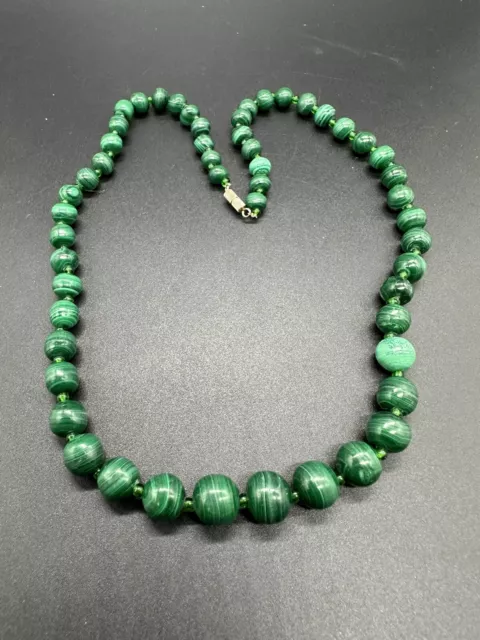 Vintage Carved Green Genuine Malachite Graduated Bead 20” Necklace