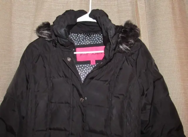 BETSEY JOHNSON Womens Sz Small Black Hooded Down Filled Parka Coat Jacket Puffer