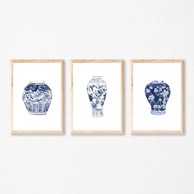 Set of 3 Hamptons Ginger Jars Blue Vases Prints, Poster Prints Home Art Decor