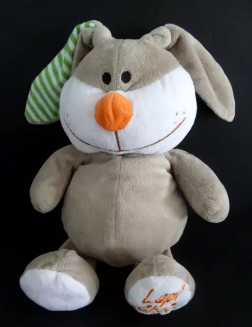 W9. DOUDOU PELUCHE FIZZY LAPIN Lapi choco gris vert rayé blanc 28cm - TTBE