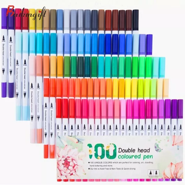 100 Colour Watercolour Brush Pens Twin Tip Art Drawing Colouring Markers Pen