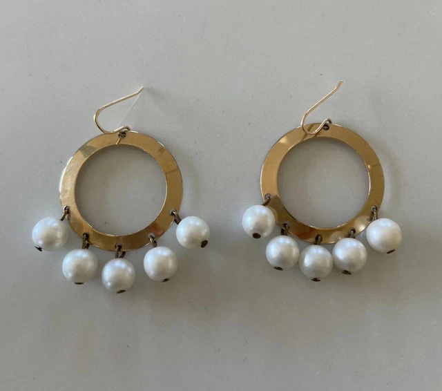 vintage EARRINGS 2" long gold hoops w 4 large dangling faux pearls BOHO stylin'