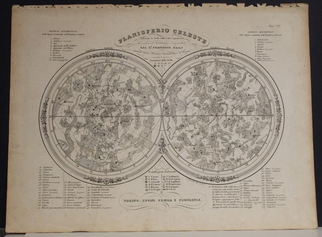 Sky Constellation 1843 Baily Antique Celestial Chart 2-Hemispheres Italian Edit.