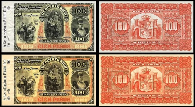 !Copy! 2 Puerto Rico 100 Pesos 1894/97 Banknotes !Not Real!