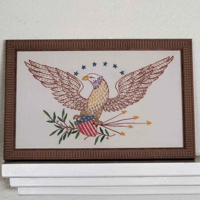 Vintage 1960 Hand Embroidery Eagle Patriotic Framed ART 21x13.5 Inch Americana