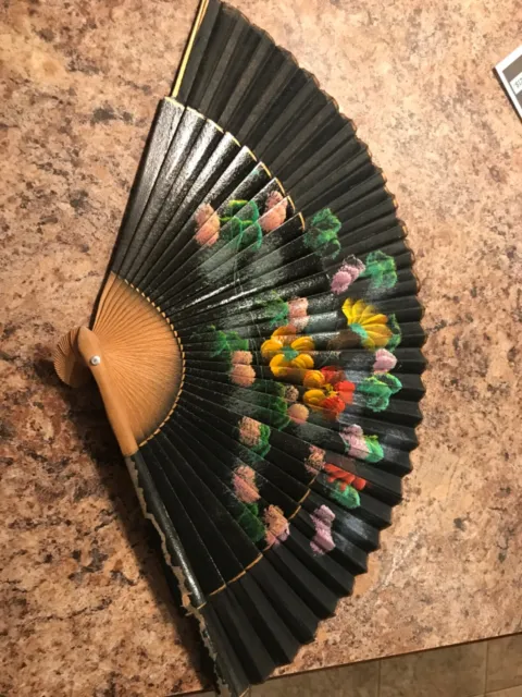 High Quality Hand Painted JAPANESE FOLDING FAN Black with Colorful Flowers 9inch