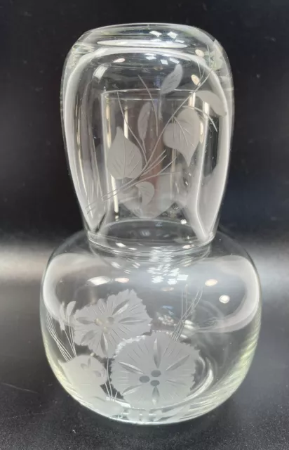 Vintage Etched Glass Tumble Up Clear Bedside Water Carafe Cup Tumbler Floral SET