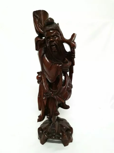 Vintage Oriental Chinese Hand Carved 21.5" Wood Old Man Figure Statue