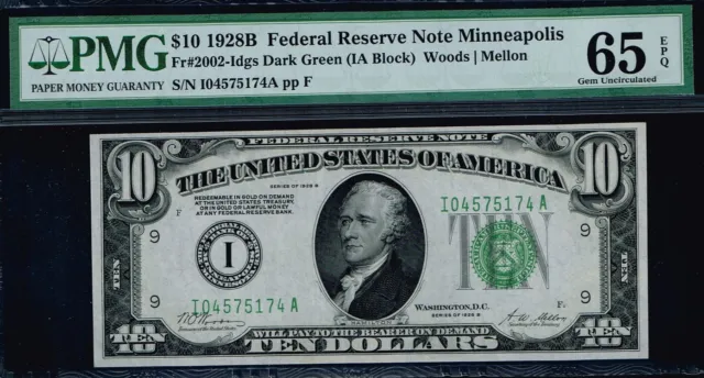 $10 1928B Minneapolis FRN. Dark Green Seal (DGS). Fr. 2002-Idgs. PMG 65 EPQ