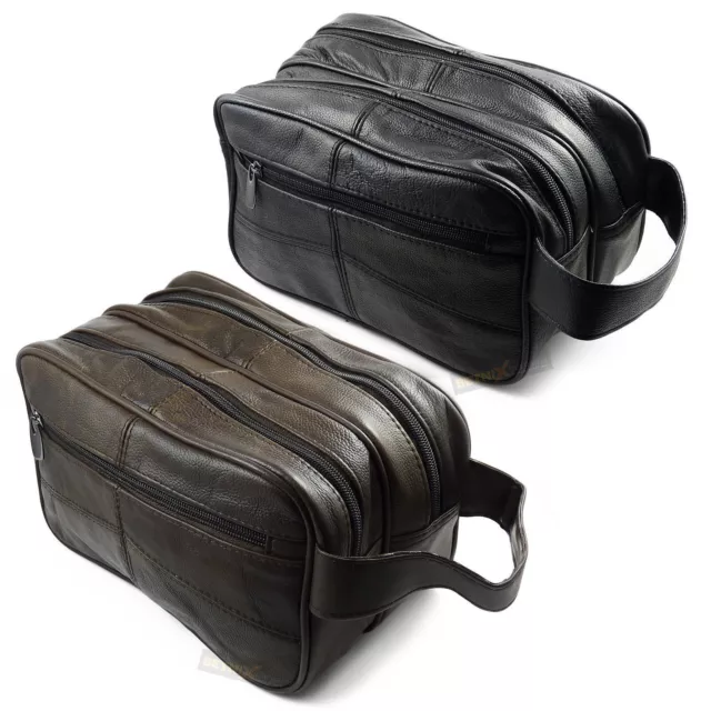 Leather Wash Bag Toiletry Case Large Travel Mens Shaving Grooming Pouch - 3754