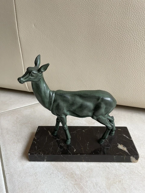 Statue En Plâtre Biche Et Son Faon Sur Socle - Vintage Années 40 - Occasion
