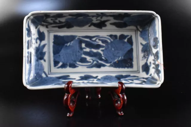 F2759: Japanese Old Imari-ware Blue&White Flower painting Rectangular PLATE/dish