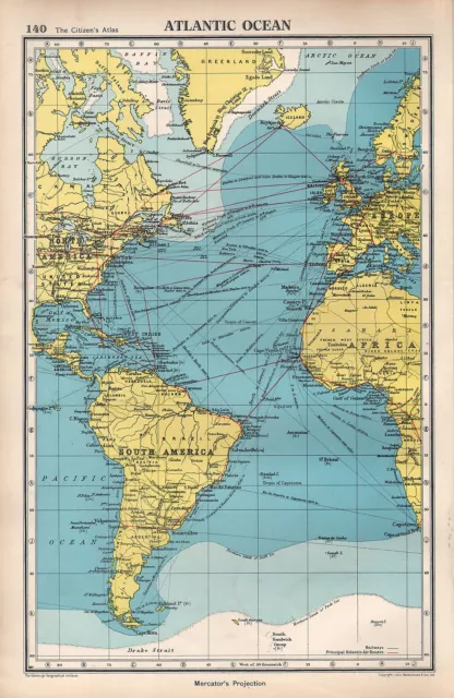 1952 Map ~ Atlantic Ocean North America British Isles Europe Routes