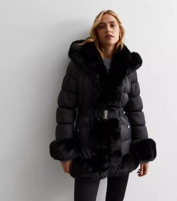 CAMEO ROSE New Look Black Faux Fur Belted Puffer Jacket Coat 29.99 PicClick UK