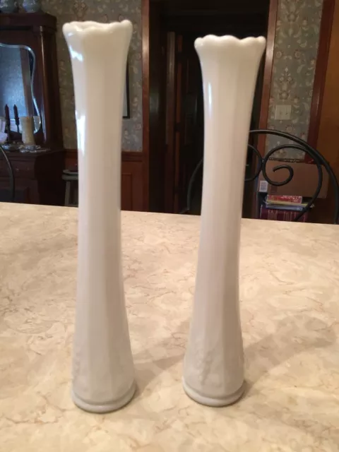 Pair Vintage Westmoreland white milk glass paneled grape swung bud vase stretch 3