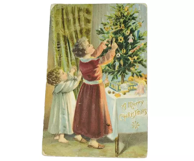 1908 Christmas Embossed Postcard Children Tree Toys