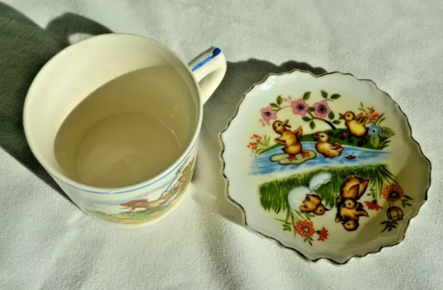 Vintage Chicken ESD Hand painted Child's Mug w/ Chickens and Plate with Chickens 2