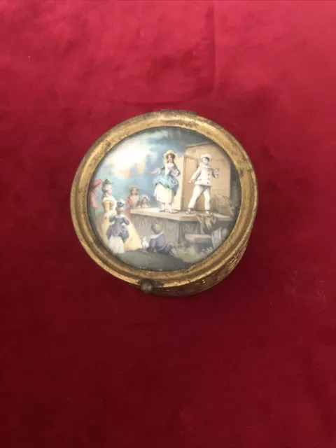 Antique Trinket Gilded Brass Miniature Lithograph Beveled Glass Velvet Lined
