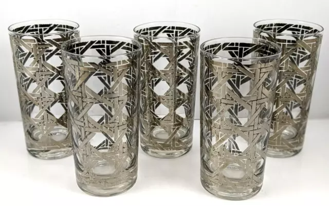 CERA MCM Silver Basket Weave High Ball Barware Glasses Set Of Five