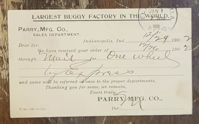 1902 Advertising Post Card Indiana Indianapolis Parry Manufacturing Buggy Co.