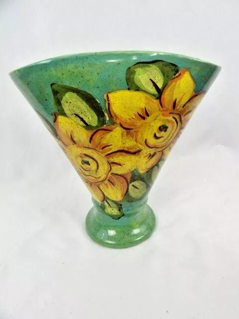 Large Italian Handpainted Pottery Green Vase w/ Floral Painting 11 1/2" Tall