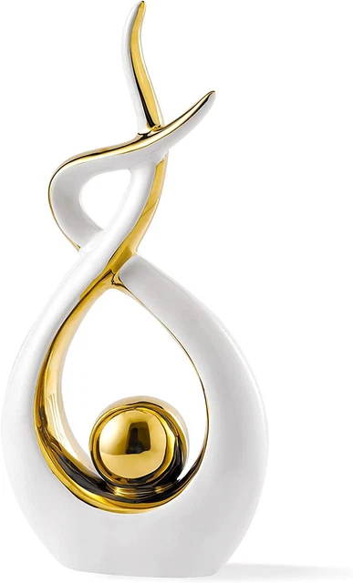 FJS Home Decor Modern Abstract Art Ceramic Statue Large, White & Gold
