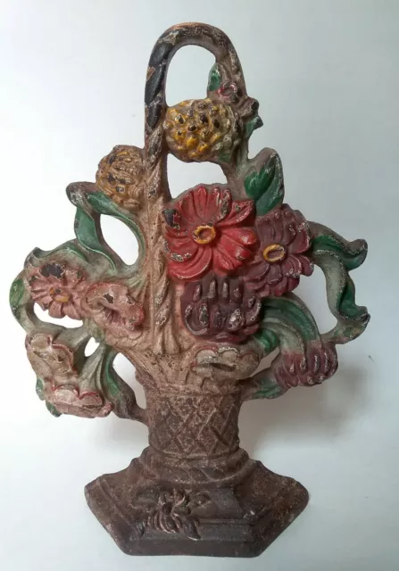 Hubley Antique Flower Basket Cast Iron Door Stop #204 Dahlias, Orginal Paint