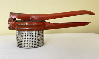 Vintage 50's Red Handled Metal Potato Ricer Masher Strainer Kitchen Utensil Tool
