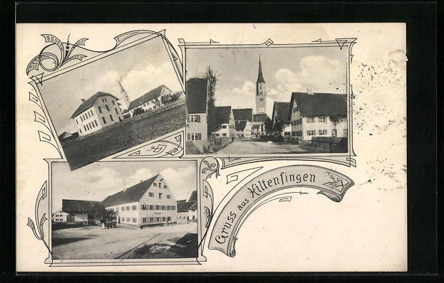 AK Hiltenfingen, Gasthaus, Straßenpartie mit Kirche 1910