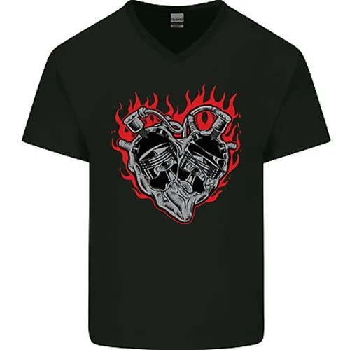 Biker Heart Motorbike Motorcycle Mens V-Neck Cotton T-Shirt