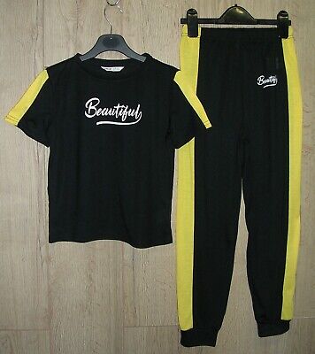 bnwot SHEIN Girls Black Yellow Loungewear Top Trousers Outfit Age 8 NEW