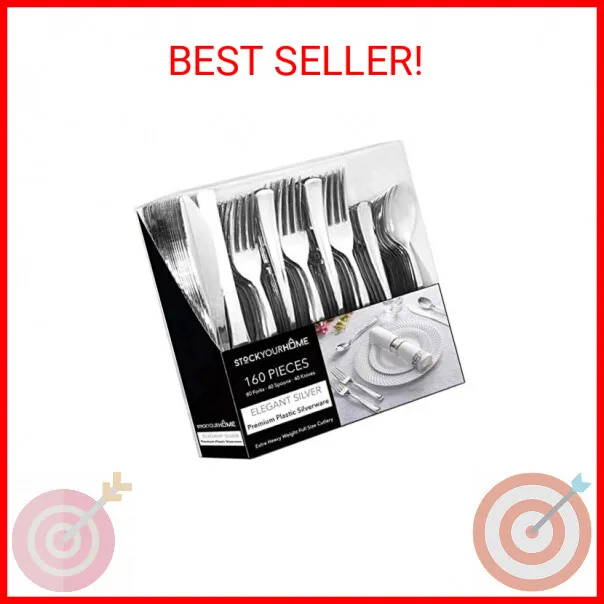 160 Pack Silver Plastic Cutlery Disposable Silverware - 80 Forks, 40 Knives, 40