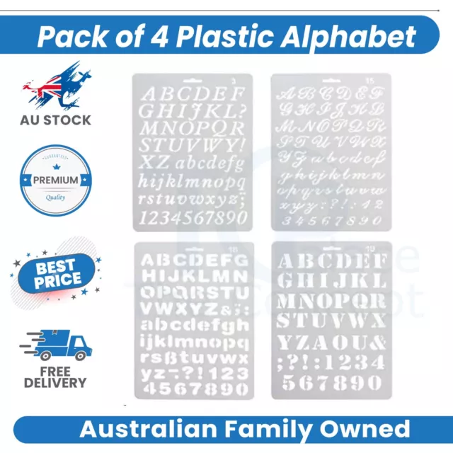 Pack of 4 Plastic Alphabet Letter Number Drawing Painting Stencils Scale Templat