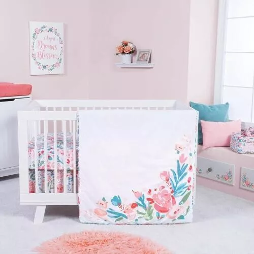 Trend Lab Painterly Floral 3 Piece Baby Nursery Crib Bedding Set Pink Gifts Cuna