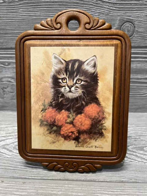 Vintage Retro Cat Kitten Print on Wood Doris Scott Nelson 5” X 7.5” Kitty Sign