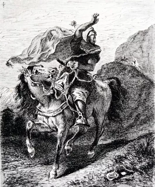 CAVALIER ARABE en VEDETTE (Par Eugène DELACROIX) - Gravure du 19eme (sur vélin)