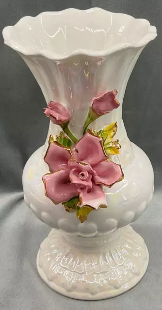 Capodimonte Porcelain Vase Pink Applied Roses White Iridescent 10" Tall Gold