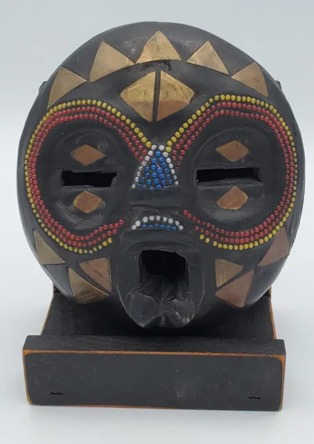 Vintage Hand Carved Wood African Tribal Mask Copper Bead Inlay Possibly Ghana