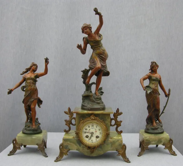 Imposing 19th Century Onyx Clock Garniture, Guillemain's Passage du gué, Japy