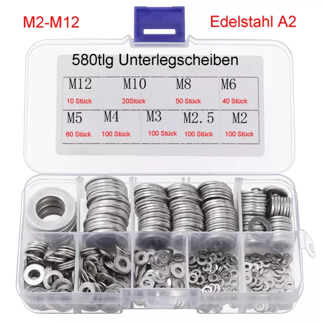 580tlg Flache Unterlegscheiben M2-M12 Edelstahl A2 Beilagscheiben Sortiment Set