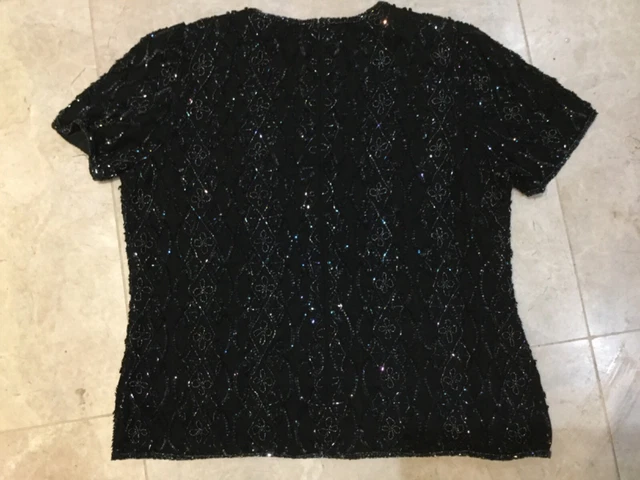 Top da donna nero VINTAGE anni '80 con perline taglia 16 completamente foderato MAI INDOSSATO