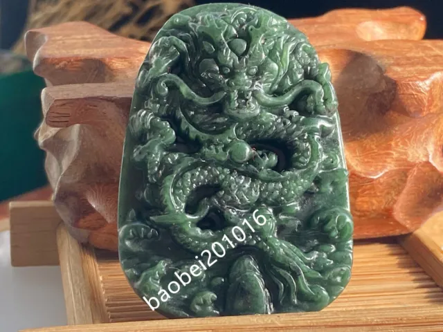 Certified Natural Hetian Jade Blue Stone Carved Dragon Pendant Necklace  6317