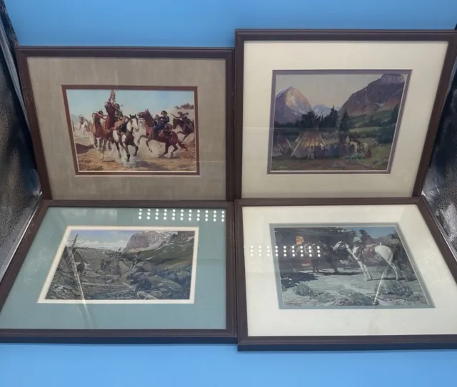 4 Vintage Framed Art Prints Cowboys Native Americans Tenney Johnson OC Seltzer