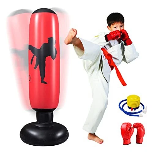 Inflatable Punching Bag for Kids, Freestanding Kids Boxing Bag with Stand, Red