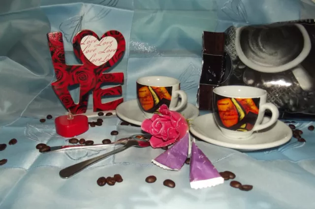 Coffee Time*Espresso*Zeit*Designer*Love*2 Espresso Tassen+2Kaffee Duftkerzen