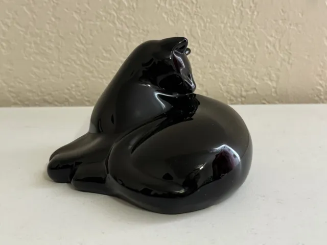 Baccarat France Crystal Signed Reclining / Grooming Black Cat Figurine