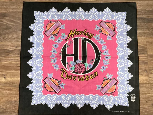 Vtg Harley Davidson Official Bandana Scarf USA Made Motorcycle Feminine Pink