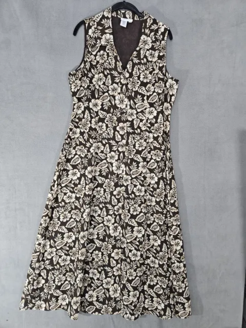 Vintage Coldwater Creek Size 16 Long Brown Tan Floral Tropical Maxi Shirt Dress