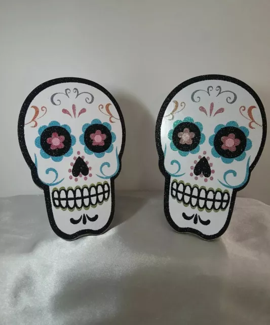 2 Day of the Dead Glitter Sugar Skull Free-Standing Signs Dia de los Muertos New
